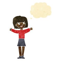 cartoon excited woman with thought bubble