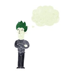 cartoon happy vampire man with thought bubble N2