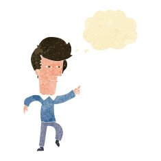 cartoon man accusing with thought bubble N2