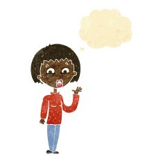 cartoon woman waving with thought bubble N9