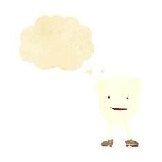 cartoon happy tooth character with thought bubble