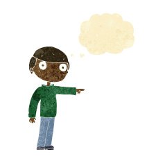 cartoon man pointing with thought bubble