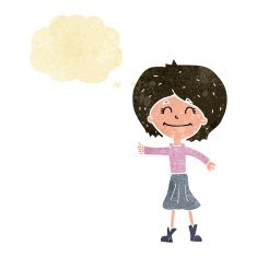 cartoon happy girl giving thumbs up symbol with thought bubble N2