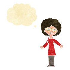 cartoon woman wearing glasses with thought bubble N2