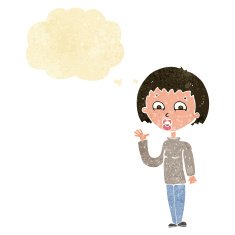 cartoon woman waving with thought bubble N12