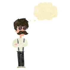 cartoon hipster man with mustache and spectacles thought bu N2