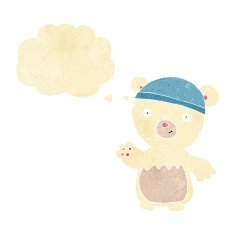 cartoon polar bear wearing hat with thought bubble