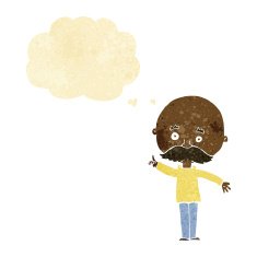 cartoon bald man with idea thought bubble