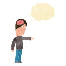 cartoon clever man pointing with thought bubble N2