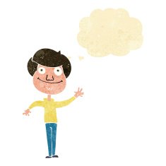 cartoon happy man waving with thought bubble N2