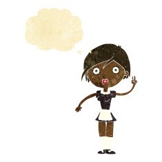 cartoon waitress making hand gesture with thought bubble