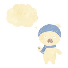 cartoon waving polar bear with thought bubble
