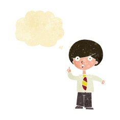 cartoon school boy answering question with thought bubble N2