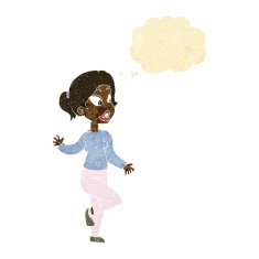 cartoon friendly woman waving with thought bubble N2