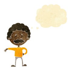 cartoon man making camp gesture with thought bubble