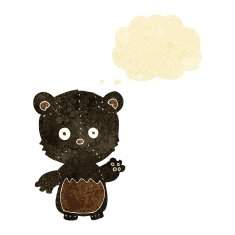 cartoon black bearcub waving with thought bubble N2