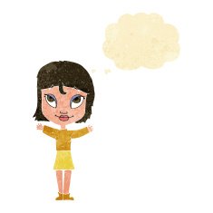 cartoon woman with open arms thought bubble N8