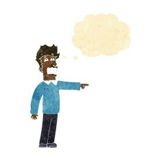 cartoon man accusing with thought bubble N3