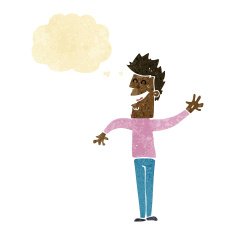 cartoon happy man waving with thought bubble N3