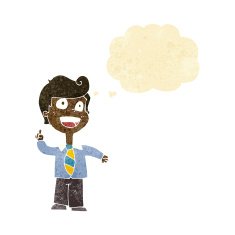 cartoon school boy raising hand with thought bubble