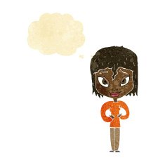 cartoon satisfied woman with thought bubble