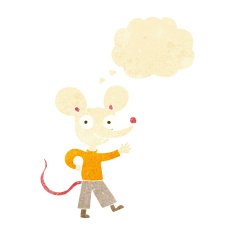 cartoon waving mouse with thought bubble