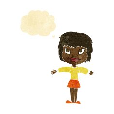 cartoon woman with open amrs thought bubble