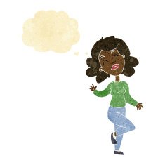 cartoon happy woman dancing with thought bubble