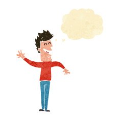 cartoon happy man waving with thought bubble N4