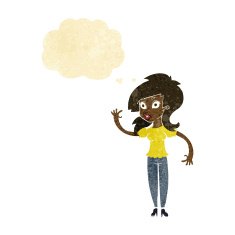 cartoon pretty woman waving with thought bubble N4