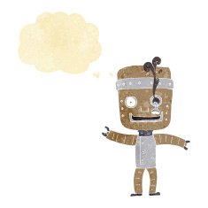 cartoon funny old robot with thought bubble