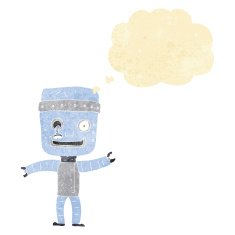 cartoon funny old robot with thought bubble N2