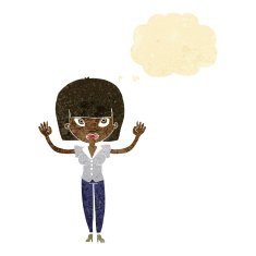 cartoon woman with raised hands thought bubble