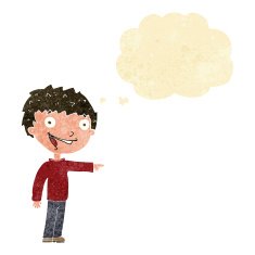 cartoon happy boy laughing with thought bubble N4