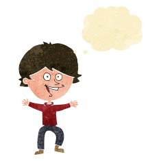 cartoon happy boy laughing with thought bubble N5