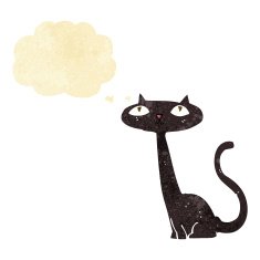 cartoon black cat with thought bubble