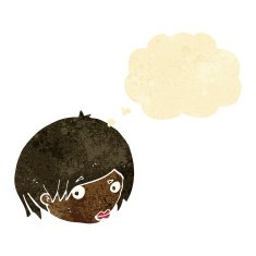 cartoon female face with raised eyebrow thought bubble