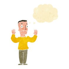 cartoon man surrendering with thought bubble N2