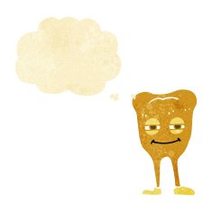 cartoon smiling tooth with thought bubble
