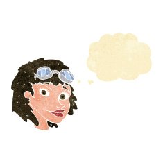cartoon happy woman wearing aviator goggles with thought bubble N2