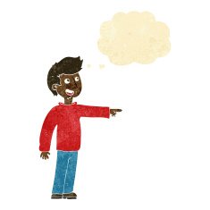 cartoon happy man pointing and laughing with thought bubble