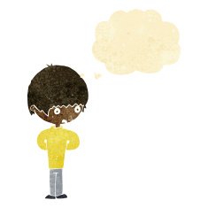 cartoon nervous boy with thought bubble