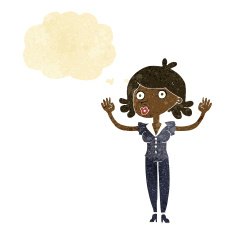 cartoon woman surrendering with thought bubble