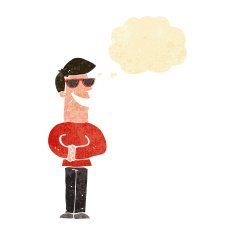 cartoon grinning man wearing sunglasses with thought bubble