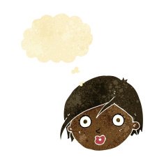 cartoon surprised female face with thought bubble