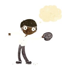cartoon man tipping hat with thought bubble