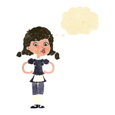 cartoon happy waitress woman with thought bubble N2