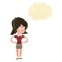 cartoon annoyed woman with hands on hips thought bubble