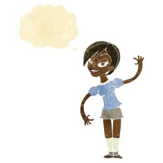 cartoon girl waving with thought bubble