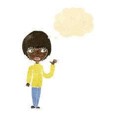 cartoon woman waving with thought bubble N27